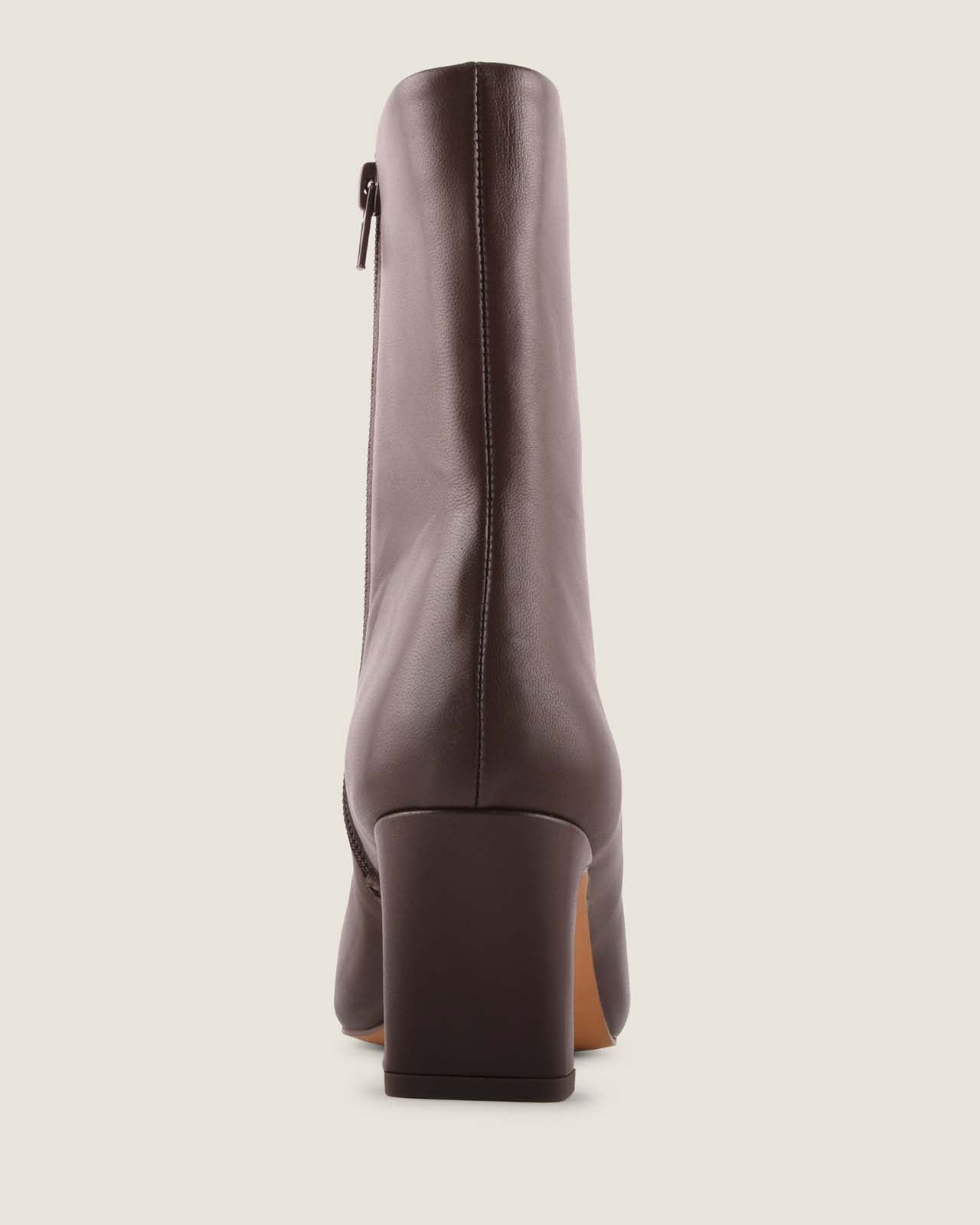 Back of Atlas heel ankle boot brown leather