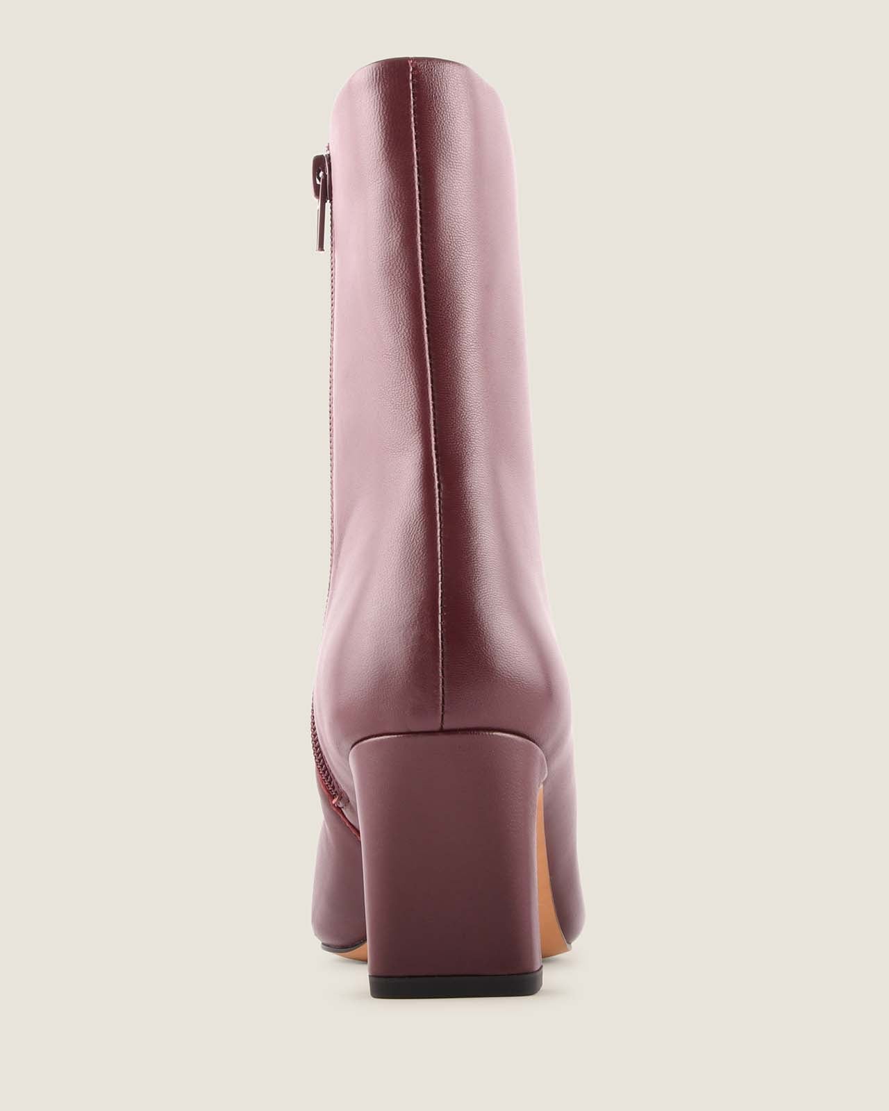 Back of Atlas heel ankle boot burgundy leather