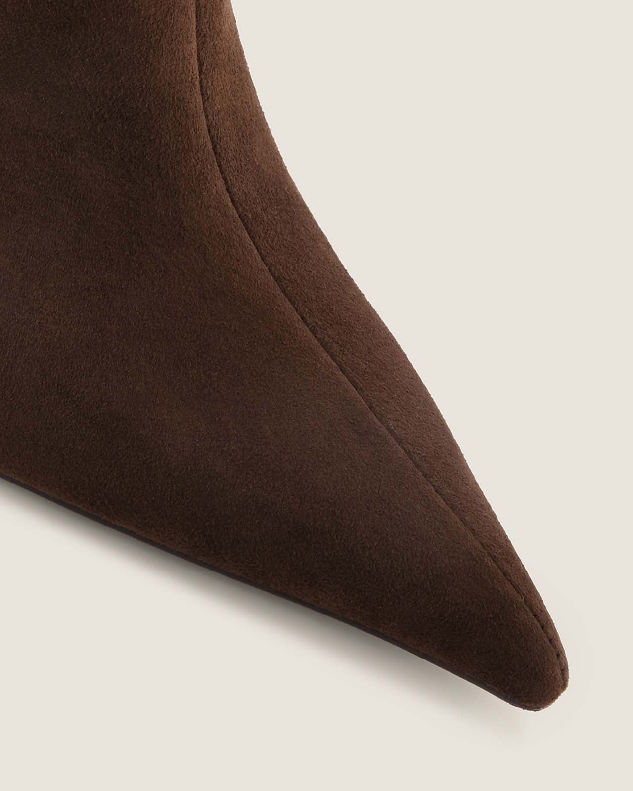 Close-up of a brown pointed shoe on a light background