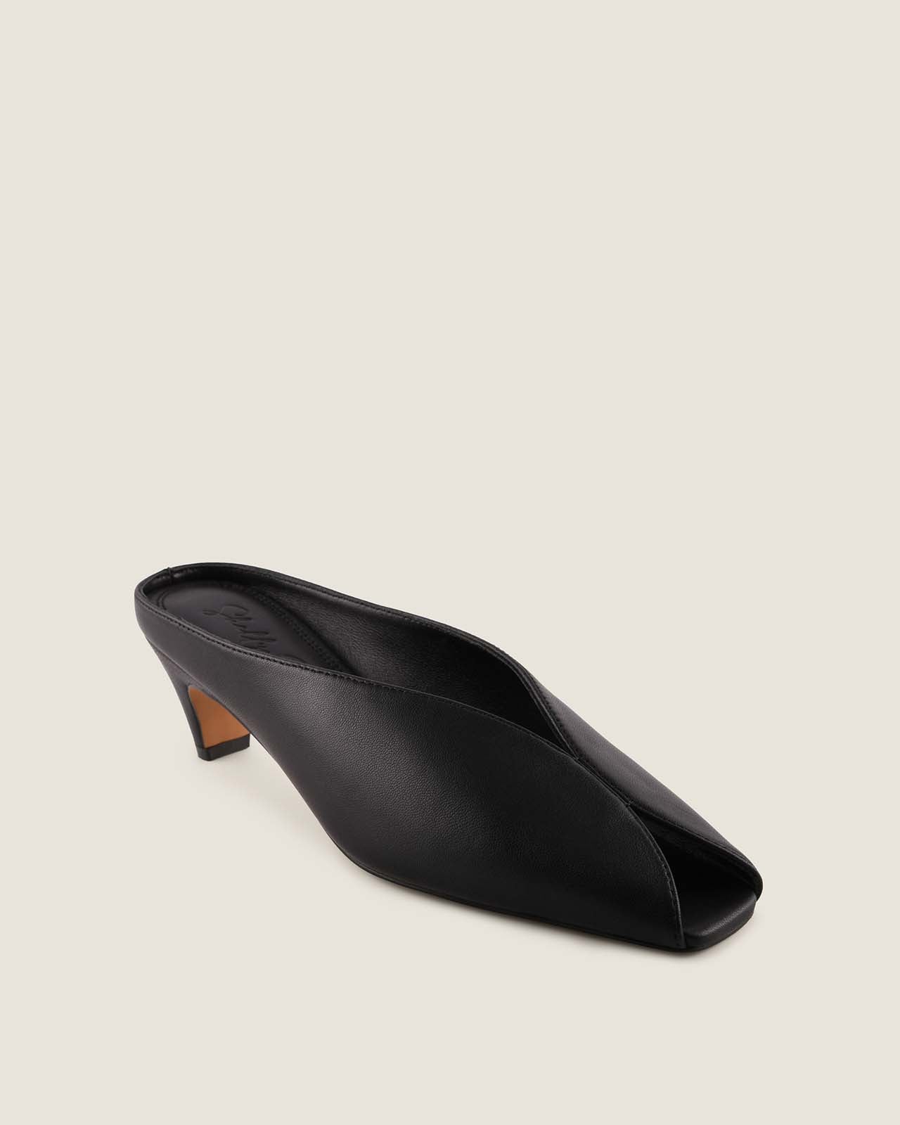 Black open-toe shoe on a beige background