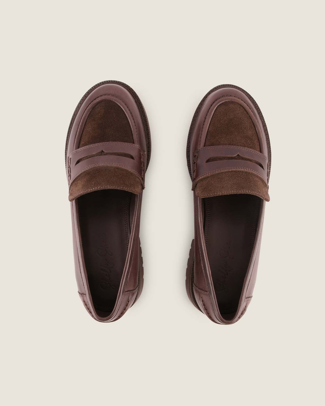 Pair of brown loafers on a beige background