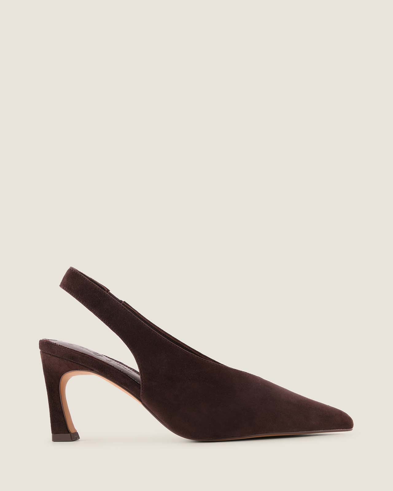 Brown suede slingback heel on a light beige background