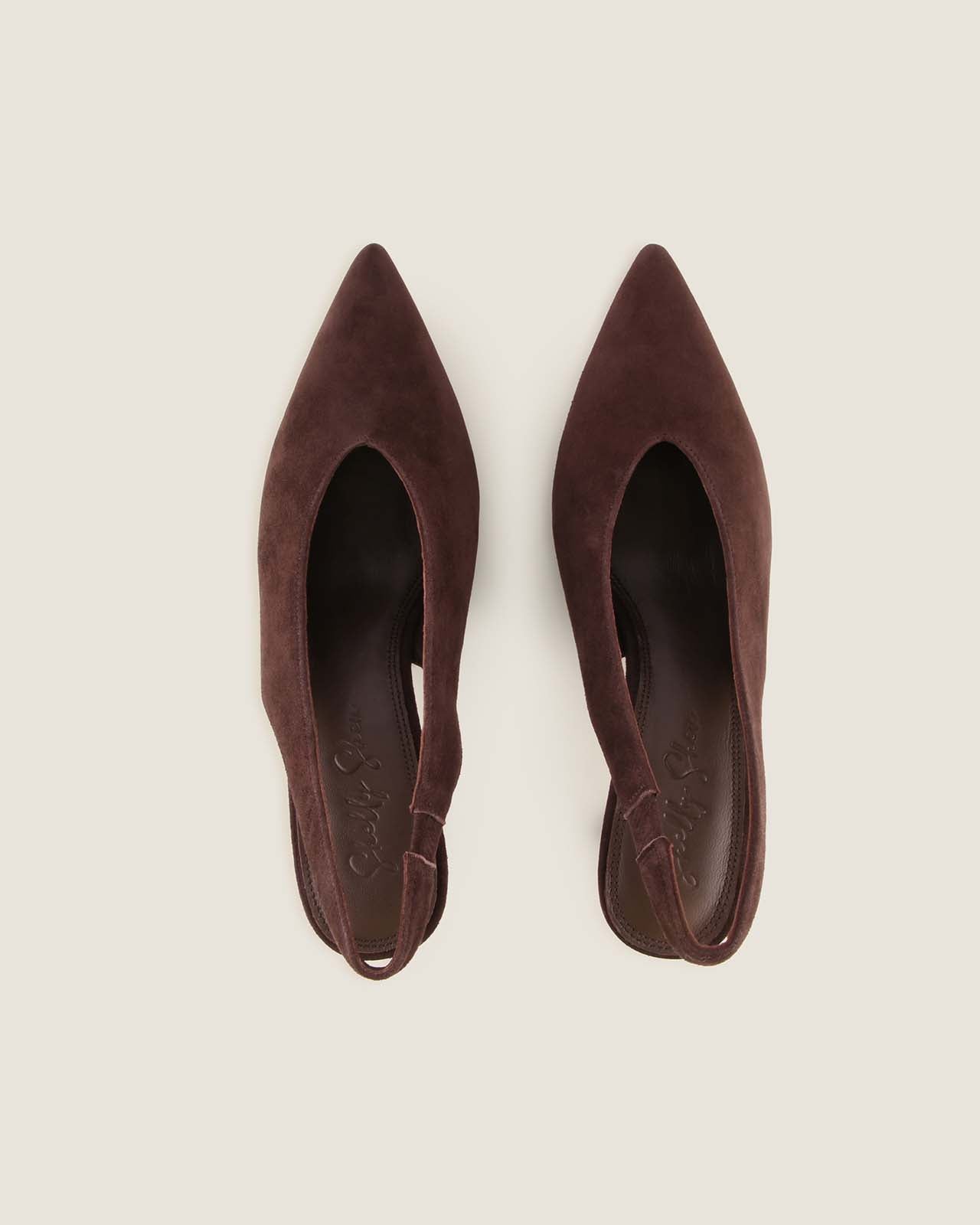 Pair of brown pointed-toe shoes on a light beige background