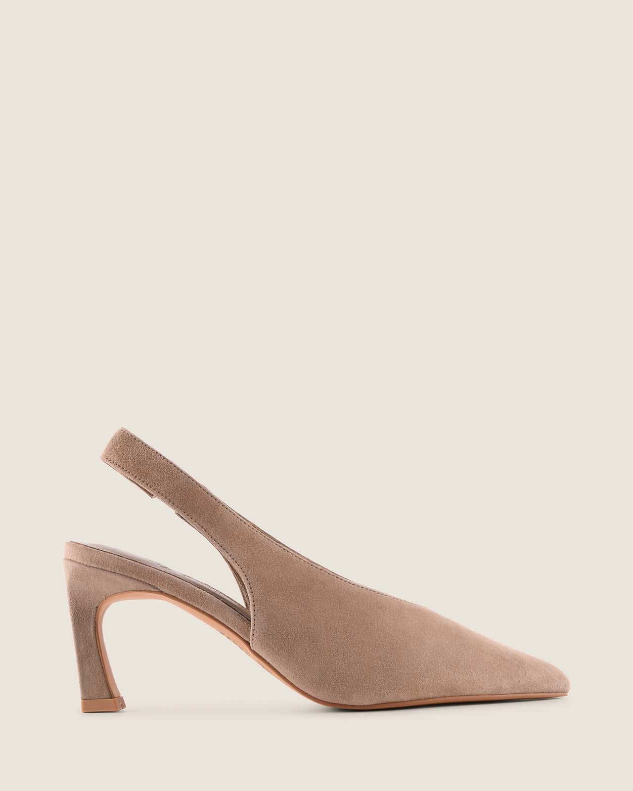 Taupe slingback shoe on a light beige background