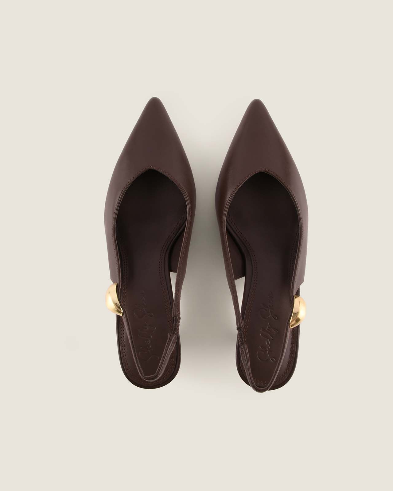 Pair of brown leather high-heeled shoes with gold accents on a light grey background