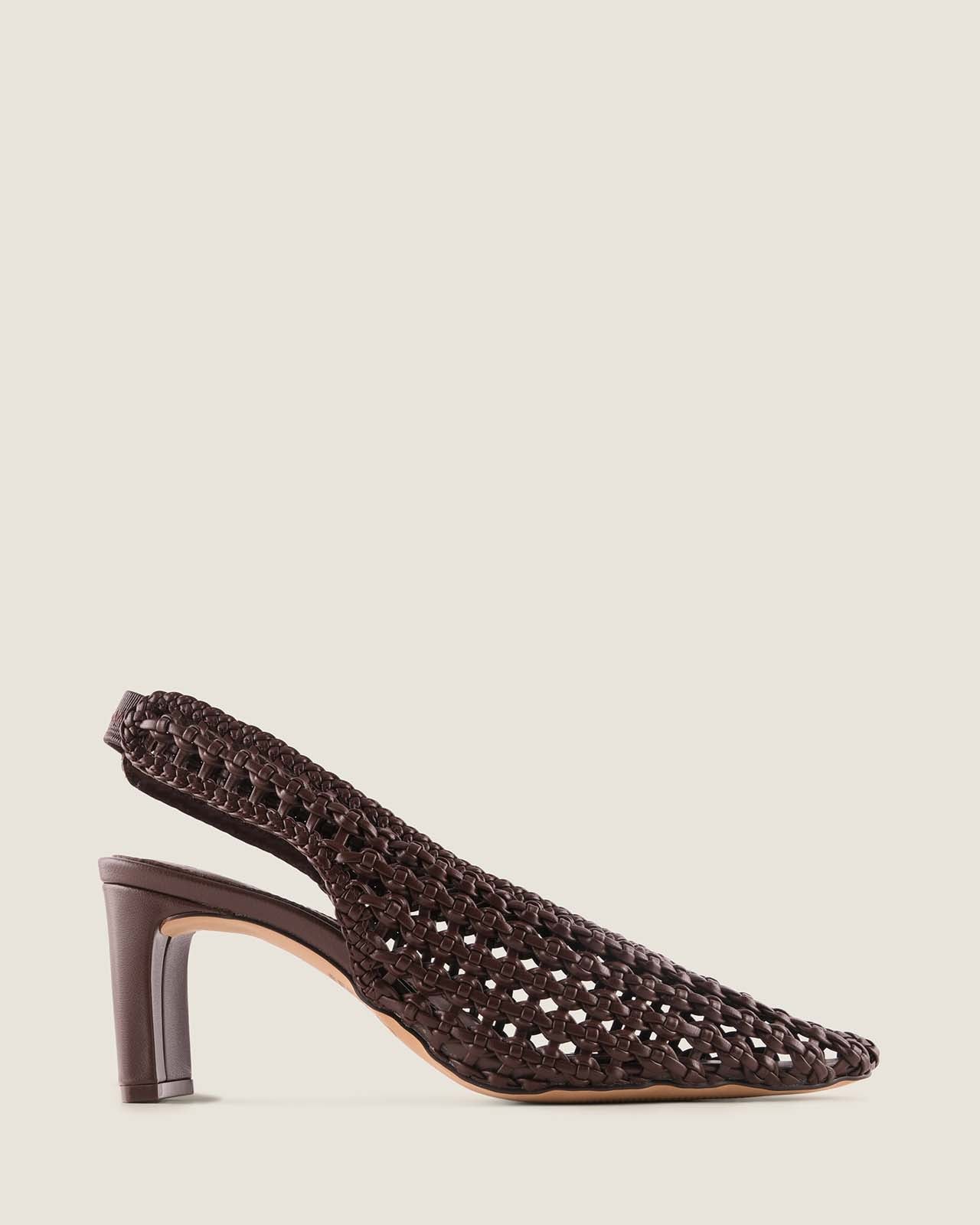 Brown leather woven heel on a beige background