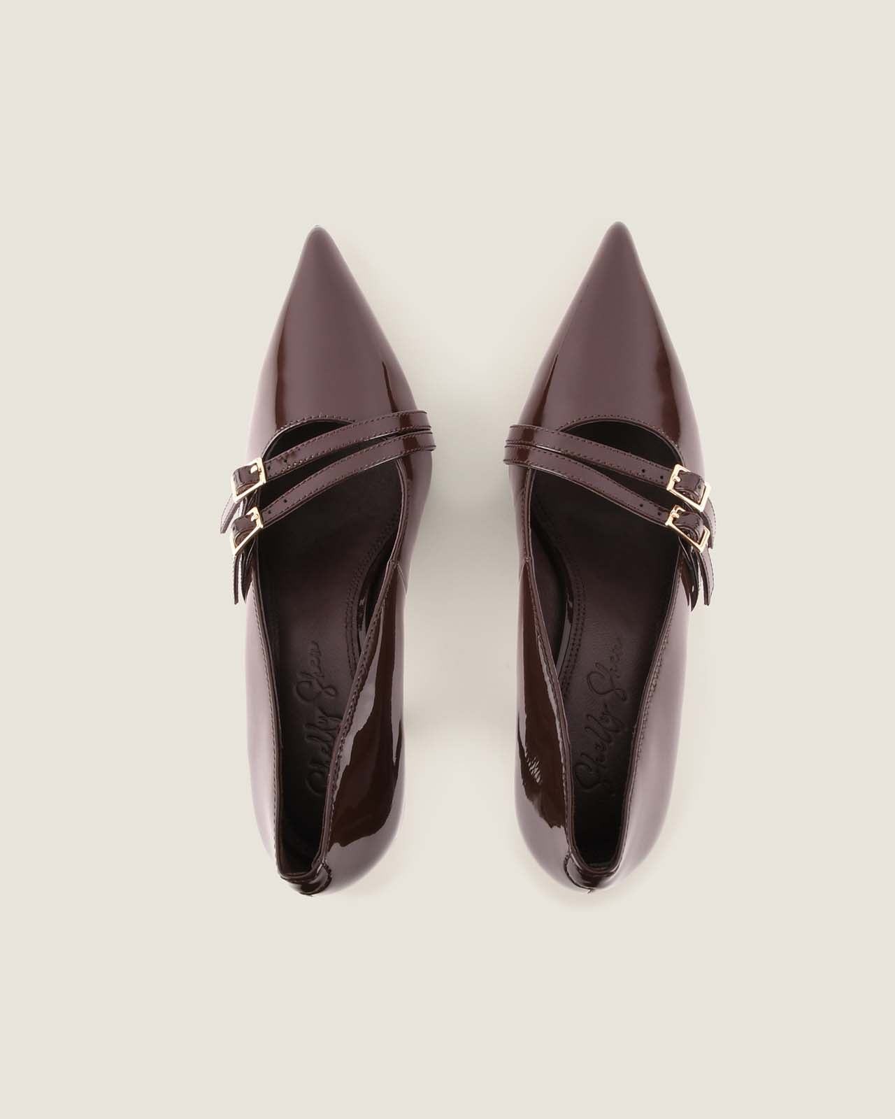 Pair of brown pointed-toe shoes with gold buckles on a light grey background
