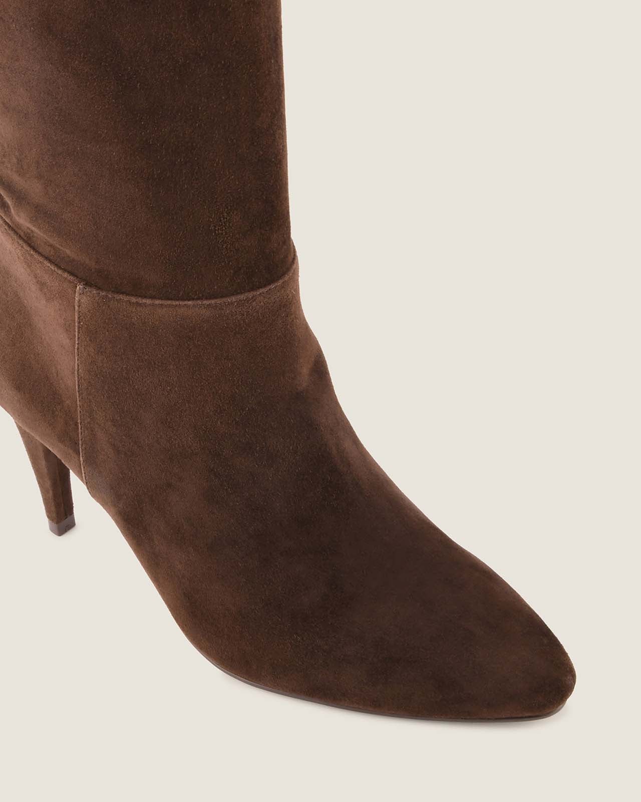 Brown suede mid-calf boot on a light grey background