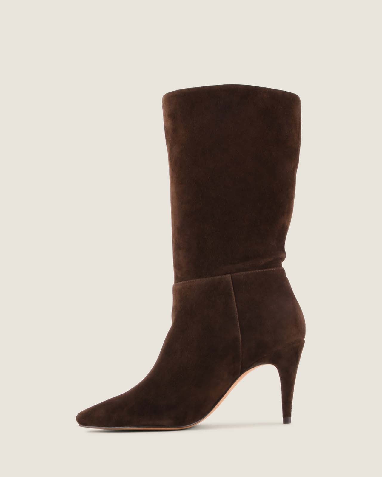 Brown suede mid-calf boot on a light grey background
