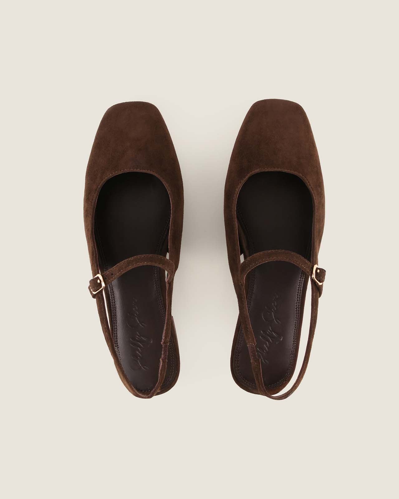 Pair of brown suede flats with a strap on a light beige background