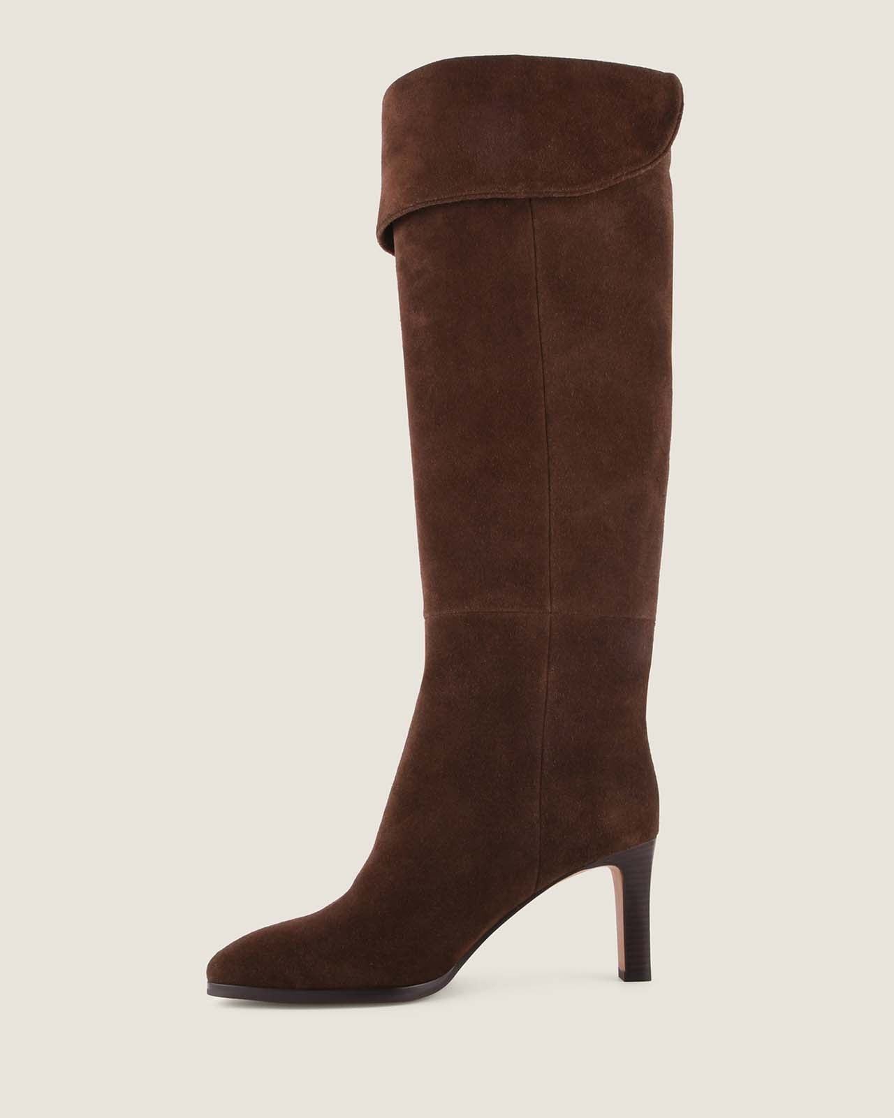 Brown suede knee-high boot on a light grey background