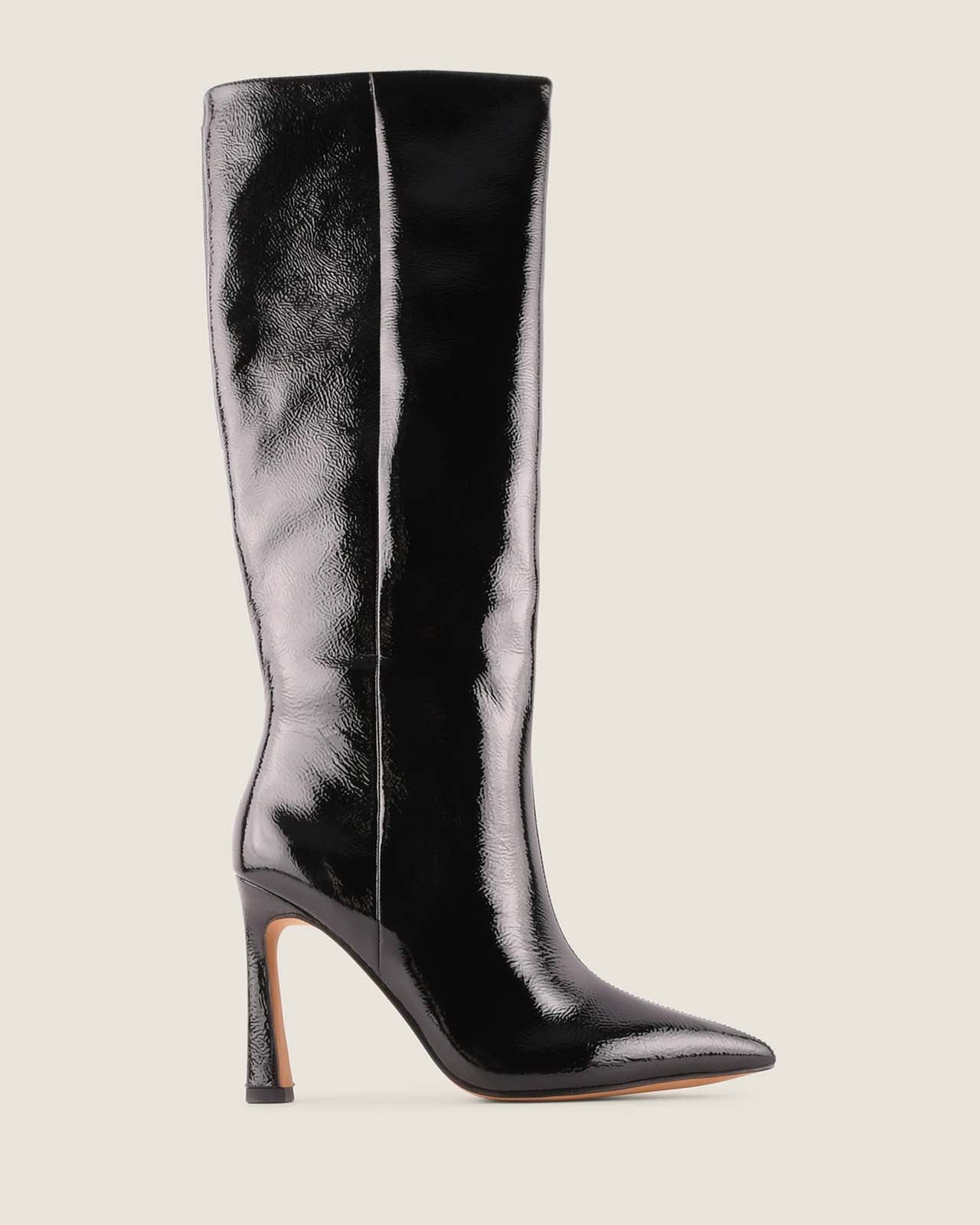 LENNON HEEL LONG BOOTS BLACK CRINKLE PATENT
