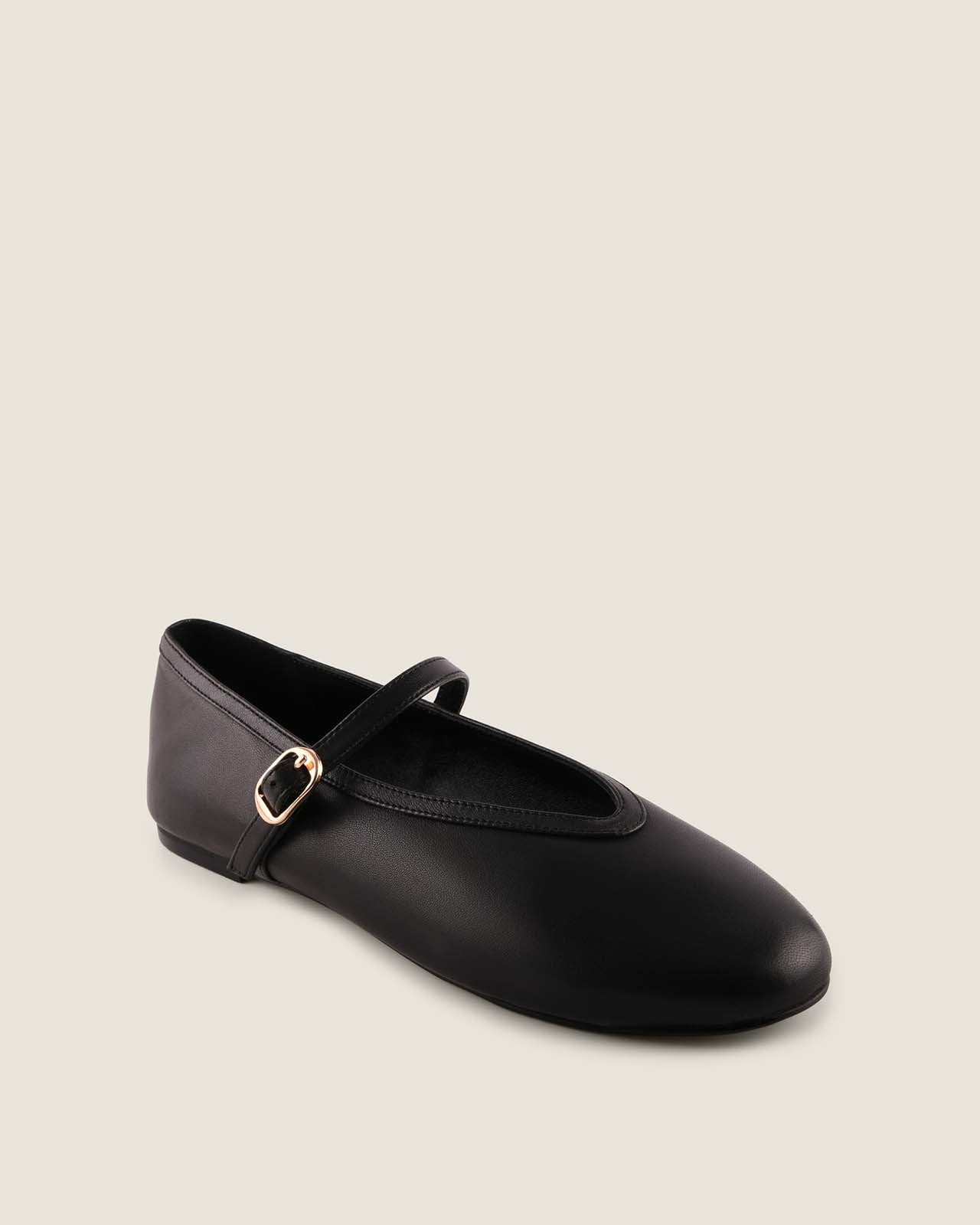 Black flat shoe with a strap on a beige background