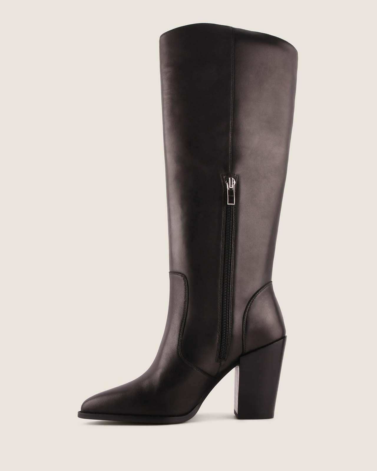 Black knee-high boot with a zipper on a light gray background