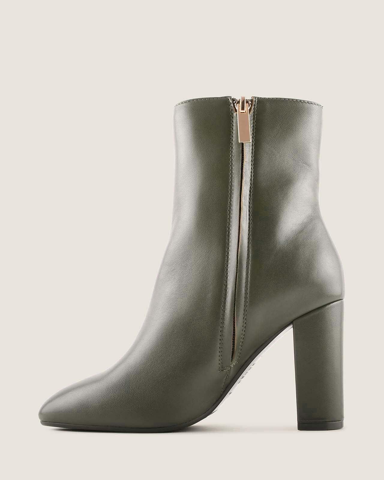STELLA HEEL ANKLE BOOTS DARK OLIVE LEATHER
